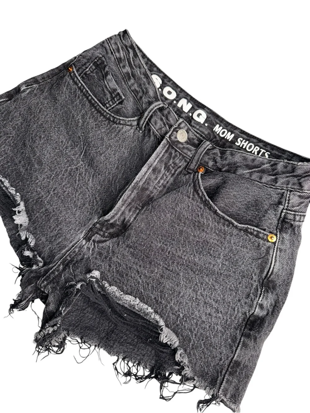 S.O.N.G. Mom Shorts Womens 7/28 Black Denim Distressed Frayed High Rise Button